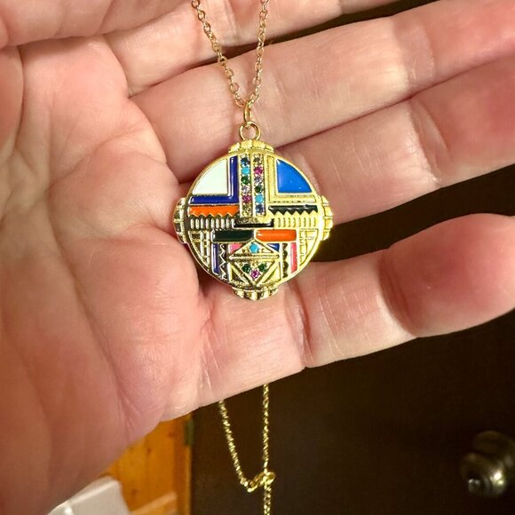 18KT Gold Filled CZ Micro Pave Enamel Medallion Necklace Shield Necklace - Picture 5 of 10